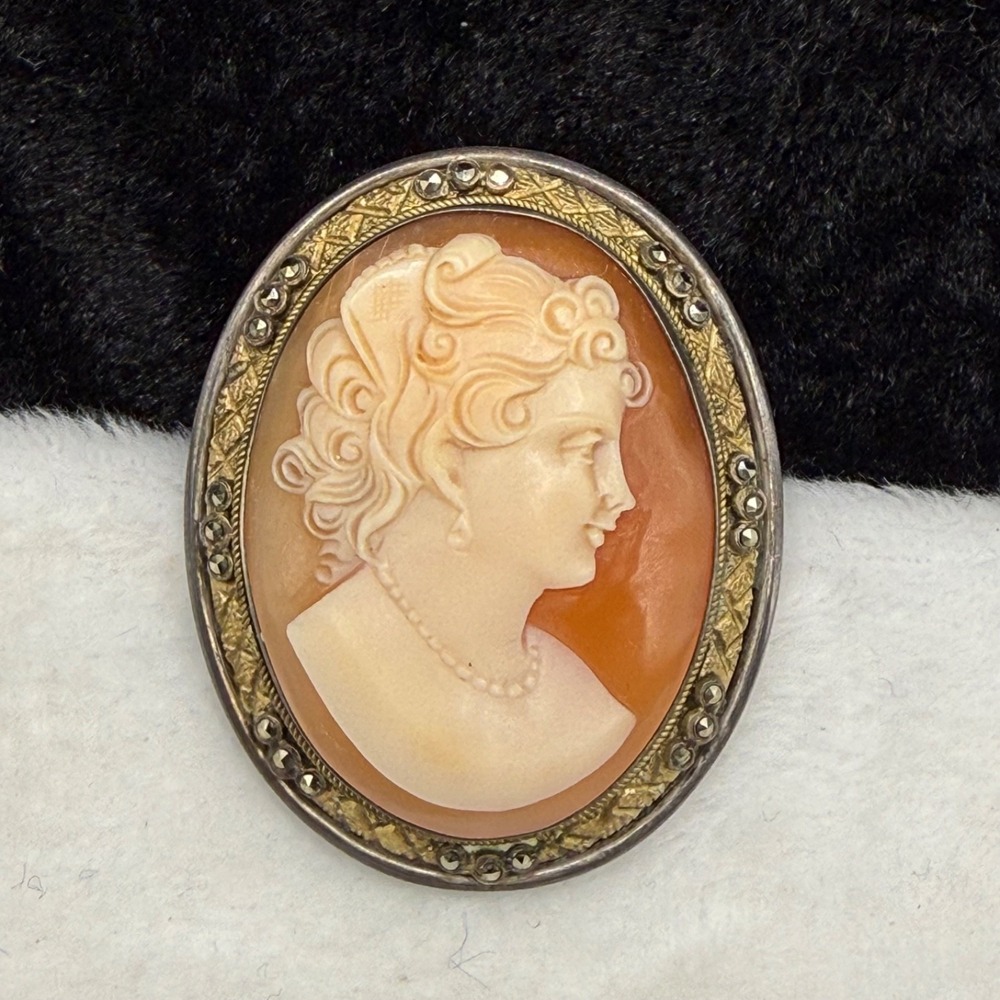 Vintage Cameo Brooch Shell Tube Hinge Pendant Bale Carved Elegant Rhinestone